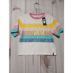 Tommy Hilfiger Shirt Ladies Extra Small Cropped Rainbow Short Sleeve‎ Crew Neck